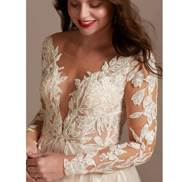 NWT Galina Signature Illusion Plunge Lace Appliqued Wedding Dress - Picture 3 of 5